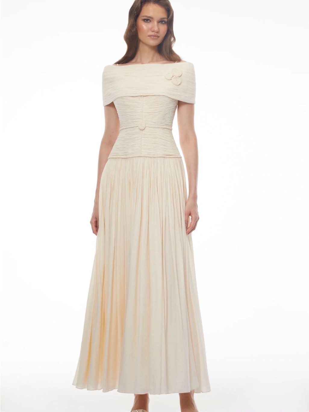 Off-Shoulder Cream Maxi Dress With Ruched Bodice